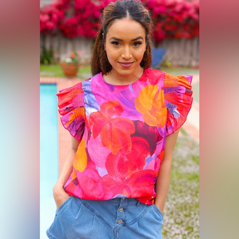 Look of Love Red & Fuchsia Floral Smocked Ruffle Frill Sleeve Top